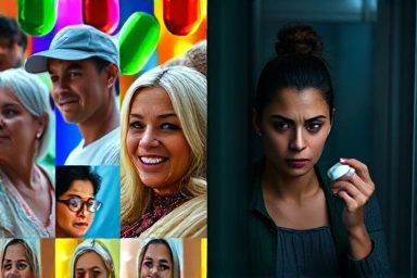 Contrast between diet pill advertising and potential side effects.